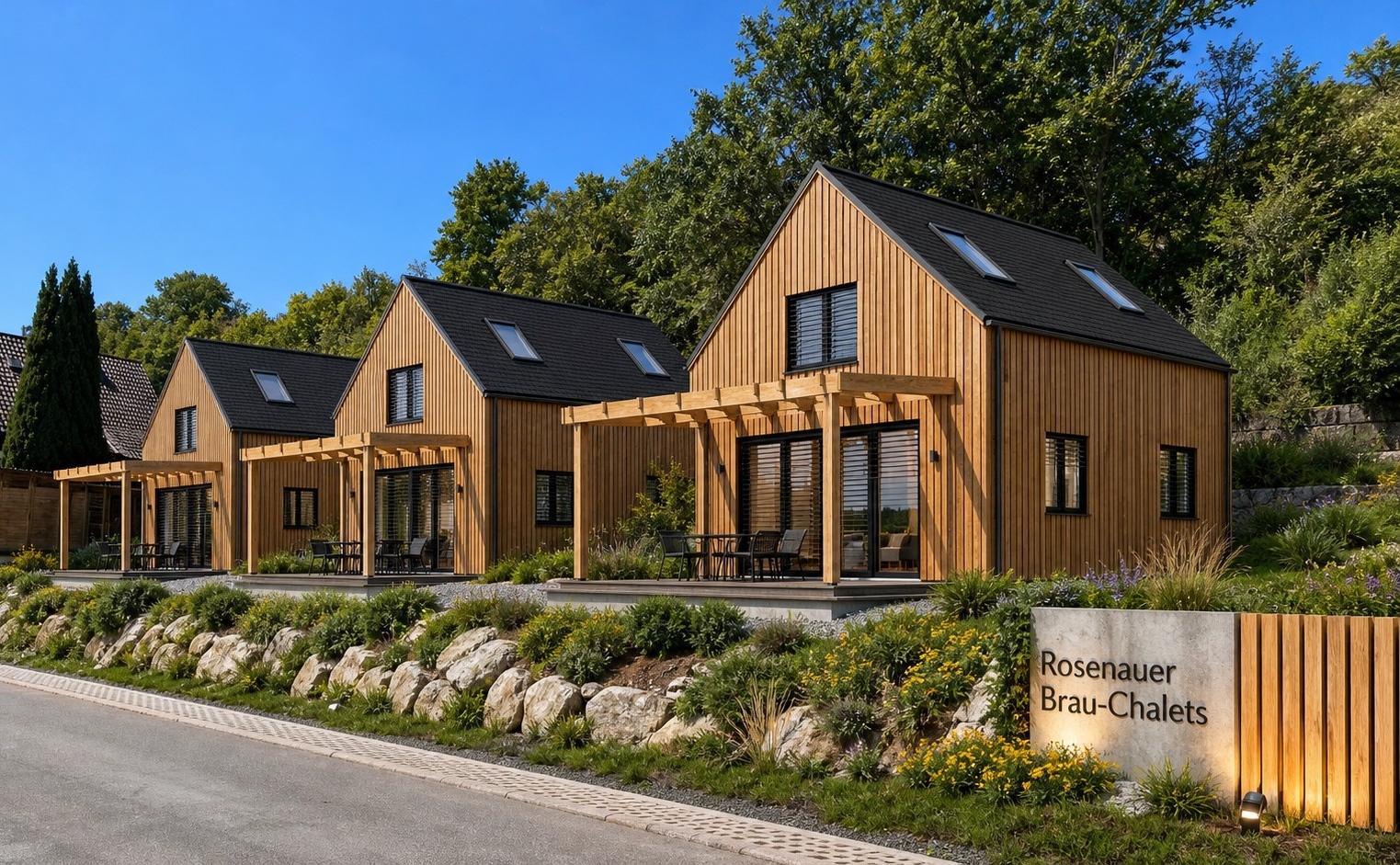 Visualisierung der fertigen Rosenauer Brau-Chalets in Holzbauweise mit Pergola, Terrasse und Garten
